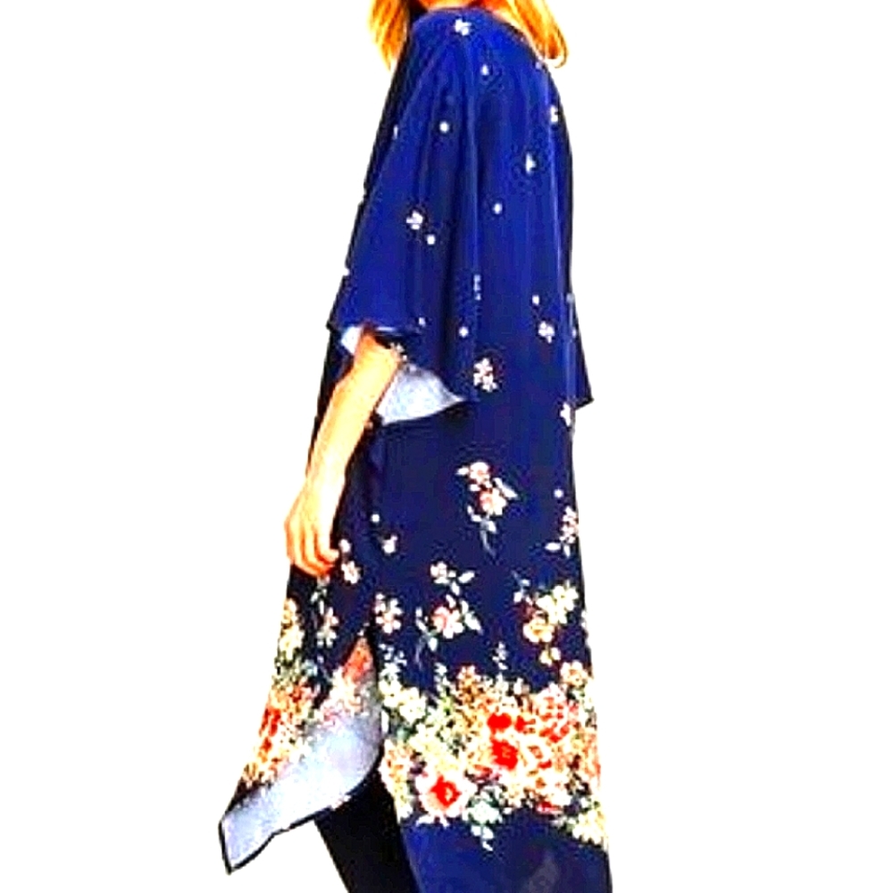 Floaty Floral Navy Long Kimono Jacket Duster SML NWT